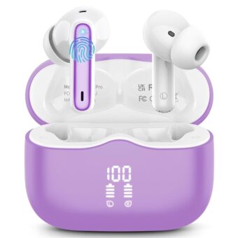 2024 Wireless Bluetooth 5.3 Headphones 40H in-Ear Earphones with 4 ENC Noise Cancelling Mic, Dual LED Display, USB-C, Light-Purse