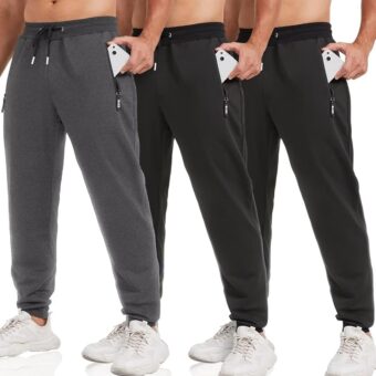 3 Pack Sweatpants for Men Tapered Mens Joggers Pants with Zip Pockets Fleece Slim Fit Workout Running Gym Sweat Pants