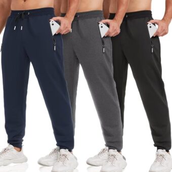 3 Pack Sweatpants for Men Tapered Mens Joggers Pants with Zip Pockets Fleece Slim Fit Workout Running Gym Sweat Pants