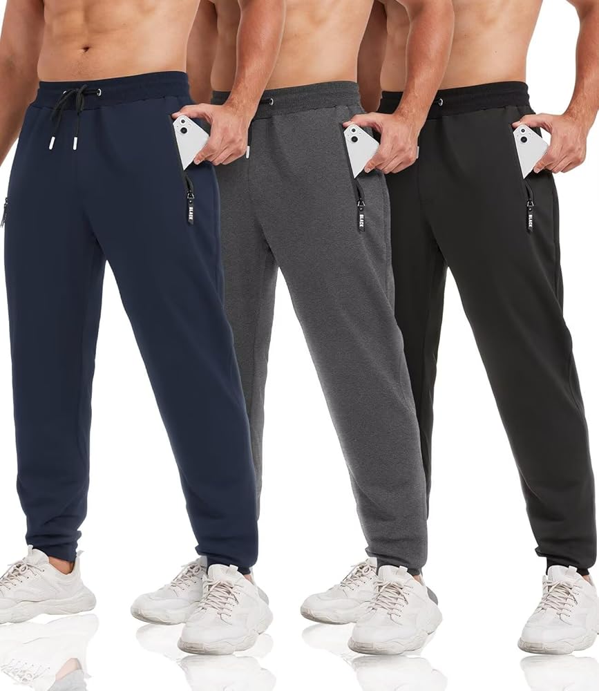 3 Pack Sweatpants for Men Tapered Mens Joggers Pants with Zip Pockets Fleece Slim Fit Workout Running Gym Sweat Pants