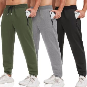 3 Pack Sweatpants for Men Tapered Mens Joggers Pants with Zip Pockets Fleece Slim Fit Workout Running Gym Sweat Pants