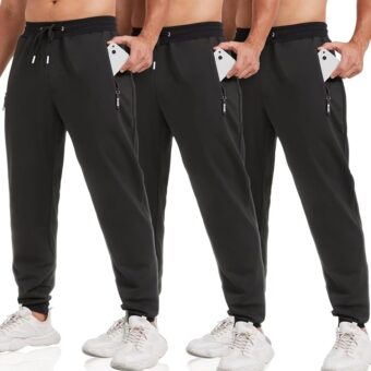 3 Pack Sweatpants for Men Tapered Mens Joggers Pants with Zip Pockets Fleece Slim Fit Workout Running Gym Sweat Pants