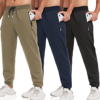 3 Pack Sweatpants for Men Tapered Mens Joggers Pants with Zip Pockets Fleece Slim Fit Workout Running Gym Sweat Pants