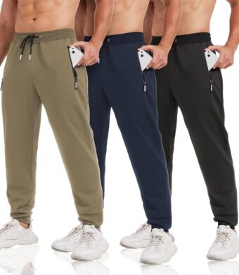 3 Pack Sweatpants for Men Tapered Mens Joggers Pants with Zip Pockets Fleece Slim Fit Workout Running Gym Sweat Pants