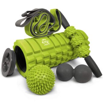 321 STRONG 5 in 1 Foam Roller Set Includes Hollow Core Massage Roller with End Caps, Muscle Roller Stick, Stretching Strap, Double Lacrosse Peanut, Spikey Plantar Fasciitis...