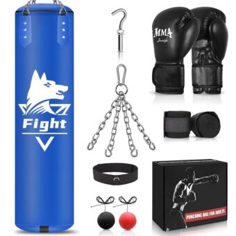 4FT Hanging Punching Bag for Adults, Super PU Leather Boxing Training Equipment Heavy Bag with 12OZ MMA Gloves, Unfilled Kicking Bag Boxing Set for Training Karate Kickboxing...