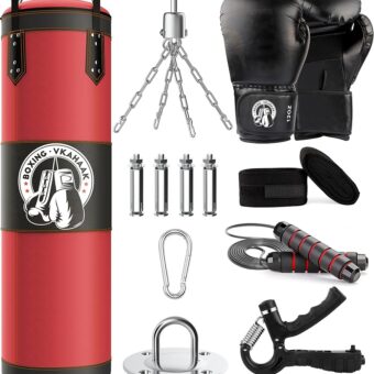 4FT Punching Bag for Adults/Kids, Unfilled Heavy Punching Bag, Boxing Bag Set with Punching Gloves, Wraps, Chain, Ceiling Hook for MMA Kickboxing Boxing Karate Muay Thai Taekwondo