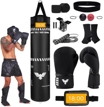 6 Ft Tall Muay Thai Punching Bag Set - Heavy Bag, Training Gloves, Hand Wraps for Kickboxing Heavy Bag, MMA 100 Lbs Bag (Unfilled)