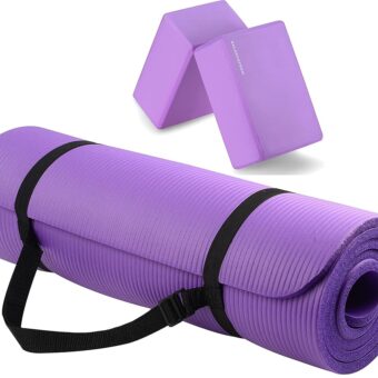 All Purpose 1/2-Inch Extra Thick High Density Anti-Tear Exercise Yoga Mat with Carrying Strap with Optional Yoga Blocks, Multiple Colors