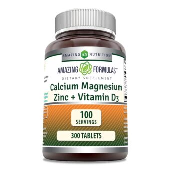 Amazing Formulas Calcium Magnesium Zinc D3 - 300 Tablets Per Bottle Supplement (Calcium 1000mg - Magnesium 400mg - Zinc 25mg Plus Vitamin D3 600 IU - Per Serving of 3 Tablets)