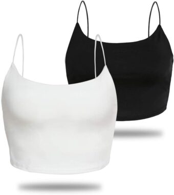 Amilia Women's Basic Solid Cami Spaghetti Double Layer Crop Tank Top