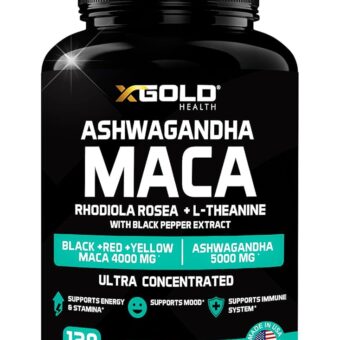 Ashwagandha 5,000mg + Maca Root Black, Red, Yellow 4,000mg, Rhodiola & L-Theanine: 30:1 Extract Ashwagandha Capsules, 20:1 Extract Maca Root Capsules - Supplement for Men and Women