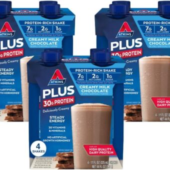 Atkins Creamy Milk Chocolate PLUS Protein Shake, 30g Protein, 7g Fiber, 2g Net Carb, 1g Sugar, Keto Friendly, Low Carb, High Protein Drink, 12 Count