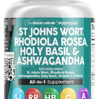 Clean Nutraceuticals St Johns Wort Rhodiola Rosea Holy Basil Ashwagandha - Mood Support for Women and Men with Vitamin C & Black Pepper Extract - 90 Caps