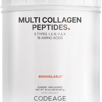 Codeage Multi Collagen Protein Powder Peptides, 2-Month Supply, Hydrolyzed, Type I, II, III, V, X Grass Fed All in One Super Bone Broth Collagen Supplement, Non-GMO, 20 Ounces