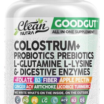 Colostrum Supplement Capsules Probiotics Pills Prebiotics, L-Glutamine, Digestive Enzymes, Folate, Fiber, ACV, Turmeric, Apple Pectin and Turmeric Clean Nutra Good Gut