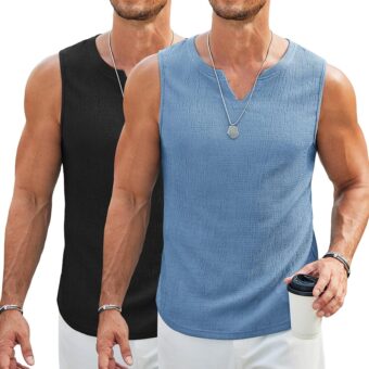 COOFANDY Men's Casual Tank Tops Knit V Neck Sleeveless T Shirts 2 Pack Summer Beach Lightweight Muscle Tee