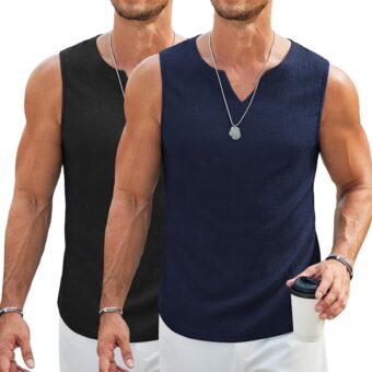 COOFANDY Men's Casual Tank Tops Knit V Neck Sleeveless T Shirts 2 Pack Summer Beach Lightweight Muscle Tee