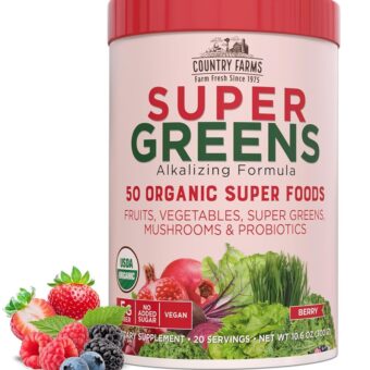 Country Farms Organic Super Greens Berry Flavor, 50 Organic Super Foods, Packed with Fiber, USDA Organic Drink Mix, Fruits, Vegetables, Mushrooms & Probiotics, Supports Energy,...