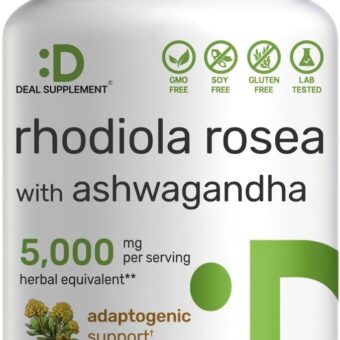 DEAL SUPPLEMENT Rhodiola Rosea with Ashwagandha 5,000mg Per Serving, 240 Veggie Capsules – Max Strength 10:1 Root Extract – Adaptogenic Supplements for Relaxation, Energy, &...