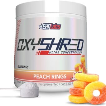 EHP Labs OxyShred Pre Workout Powder - Preworkout Powder with L Glutamine & Acetyl L Carnitine, Energy Boost Drink - Peach Candy Rings, 60 Servings