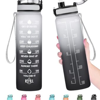 Enerbone Water Bottle, Leakproof BPA & Toxic Free, Motivational Water Bottle with Times to Drink and Straw, Fitness Sports Water Bottle with Strap for Office, Gym, Outdoor Sports