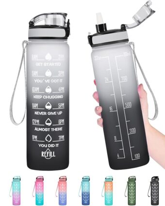 Enerbone Water Bottle, Leakproof BPA & Toxic Free, Motivational Water Bottle with Times to Drink and Straw, Fitness Sports Water Bottle with Strap for Office, Gym, Outdoor Sports