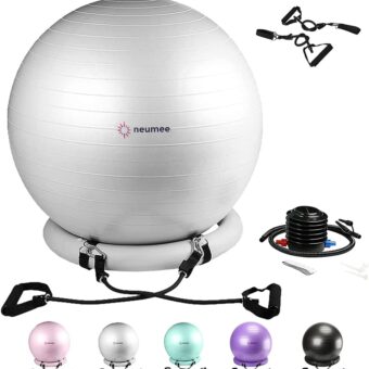 Exercise Ball Chair with Resistance Bands, Yoga Ball Office Chair with Stability Base for Home Gym, Workout Ball for Fitness, Large Size 65 cm