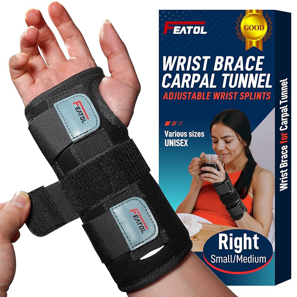 FEATOL Wrist Brace for Carpal Tunnel, Adjustable Night Wrist Support Brace with Splints Right Hand, Small/Medium, Hand Support for Arthritis, Tendonitis, Sprain, Injuries, Wrist...