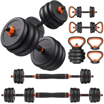 FEIERDUN Adjustable Dumbbells, 20/30/40/45/70/90lbs Free Weight Set with Connector, 4 in1 Dumbbells Set Used as Barbell, Kettlebells, Push up Stand, Fitness Exercises for Home...