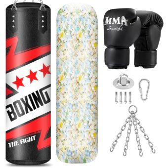 Filled Punching Bag for Adults, 4FT PU Leather Hanging Boxing Bag with 11lb Sponge Filler & 12OZ Boxing Gloves, Heavy Kicking Bag Boxing Equipment for MMA Training Karate...