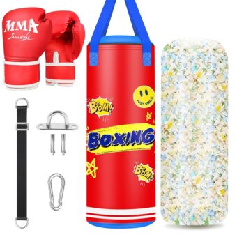 Filled Punching Bag for Kids, 2ft Hanging Boxing Bag Kicking Bag with 4.4lb Sponge Filler and 6OZ Gloves, Boxing Gifts Kids Boxing Set for Training Karate Kickboxing Muay Thai