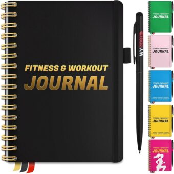 Fitness Journal Black on 150+ Workouts Yearly Calendar 55 Tracking Values - A5 Workout Journal with Fat tracking Muscle Exercises - Planner to 12 items to track 7 comparative...