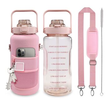 Half Gallon Water Bottle with Sleeve, 64OZ Motivational Water Bottle with Straw & Time Marker, BPA Free Leakproof Gym Water Bottle for Sport Workout