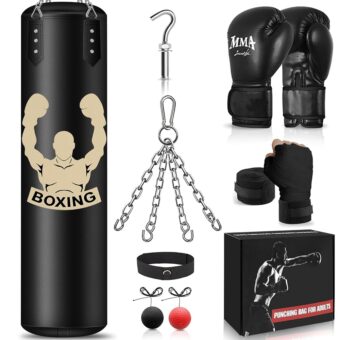 Hanging Punching Bag for Adults, 4FT PU Heavy Bag Boxing Training Equipment with 12OZ Gloves, Reflex Ball, Wristband, Kicking Bag Boxing Set for Training Karate Kickboxing Home...