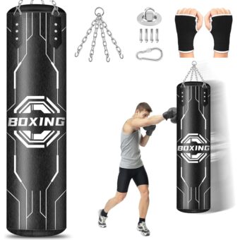 Hanging Punching Bag for Adults, 4ft PU Leather Heavy Boxing Bag Set, Hanging Bag Boxing Equipment for MMA Karate Kickboxing Boxing Home Gym, Unfilled