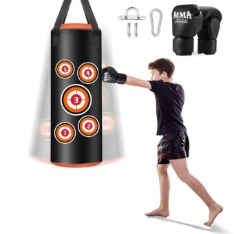 Hanging Punching Bag for Kids, 2FT PU Leather Kicking Bag with Boxing Bag Gloves, Heavy Bag Boxing Equipment for Training Karate Muay Thai Kick Taekwondo(Unfilled)