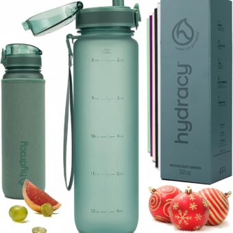 Hydracy Water Bottle with Time Marker -Large BPA Free Water Bottle & No Sweat Sleeve -Leak Proof Gym Bottle with Fruit Infuser Strainer & Times to Drink -Ideal for Fitness...