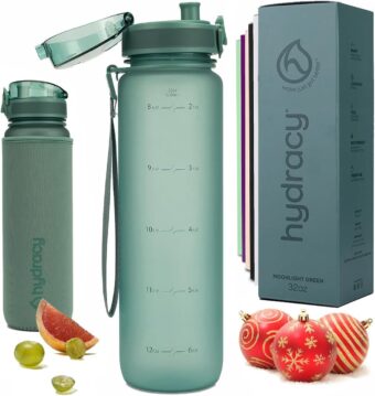 Hydracy Water Bottle with Time Marker -Large BPA Free Water Bottle & No Sweat Sleeve -Leak Proof Gym Bottle with Fruit Infuser Strainer & Times to Drink -Ideal for Fitness...