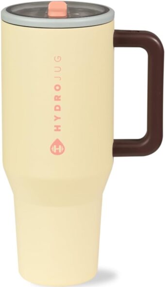 HydroJug Traveler - 40 oz Water Bottle with Handle & Flip Straw - Fits in Cup Holder, Leak Resistant Tumbler-Reusable Insulated Stainless Steel & Rubber Base - Gifts for Women &...
