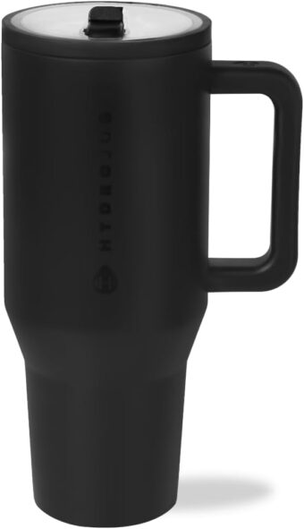 HydroJug Traveler - 40 oz Water Bottle with Handle & Flip Straw - Fits in Cup Holder, Leak Resistant Tumbler-Reusable Insulated Stainless Steel & Rubber Base - Gifts for Women &...