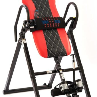 Innovative Advanced Inversion Table with Ajustable Heat & Vibrating Massage Lumbar Pad and Diamond Stitching - 300 lb Weight Capacity - Red