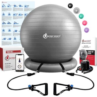 INTENT SPORTS Yoga Ball Chair – Stability Ball with Inflatable Stability Base & Resistance Bands, Fitness Ball for Home Gym, Office, Improves Back Pain, Core, Posture & Balance...