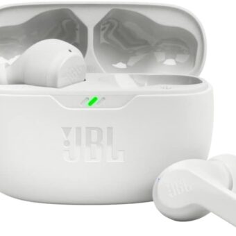 JBL Vibe Beam - True Wireless JBL Deep Bass Sound Earbuds, Bluetooth 5.2, Water & Dust Resistant, Hands-free call with VoiceAware, Up to 32 hours of battery life (White)