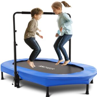 Kids Indoor Trampoline, ANCHEER 56" Foldable Mini Trampoline with 5 Level Adjustable Handle Bar, DoubleTrampoline for Kid and Adults with Reinforced Stitchin 220lbs Max Load