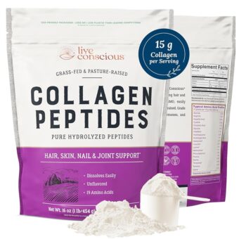 Live Conscious Collagen Peptides Powder - Naturally-Sourced Hydrolyzed Collagen Powder - Hair, Skin, Nail, and Joint Support - Type I & III Grass-Fed Collagen Supplements for...