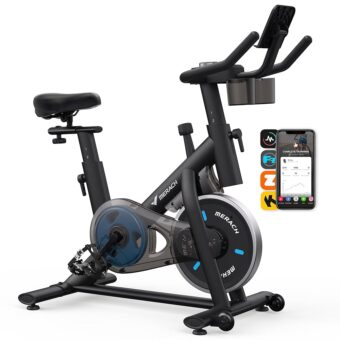 MERACH Exercise Bike, Brake Pad Stationary Bike with Exclusive App, Low Noise Indoor Cycling Bike with 300lbs Weight Capacity, Tablet Mount and Fitness Courses for Weight Loss