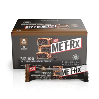 MET-Rx Big 100 Protein Bar, Meal Replacement Bar, 30G Protein, Salted Caramel Brownie Crunch, 9 Count, 3.52 Oz.(Packaging may vary)