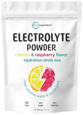 Micro Ingredients Hydration Electrolyte Powder, 1lb (69 Servings), Keto & No Sugar - High Potassium (1000mg) with Lemon Raspberry Flavored - Made with Real Lemon Juice & Coconut...