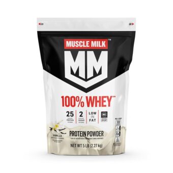 Muscle Milk 100% Whey Protein Powder, Vanilla, 5 Pound, 68 Servings, 25g Protein, 2g Sugar, Low in Fat, NSF Certified for Sport, Energizing Snack, Workout Recovery, Packaging...